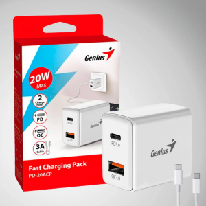 CARGADOR DE PARED GENIUS PD-20ACP 20W FAST CHARGE 1 USB-C 1 USB-A WHITE + CABLE GENIUS 3A USB-C A USB-C WHITE  (32590009400)