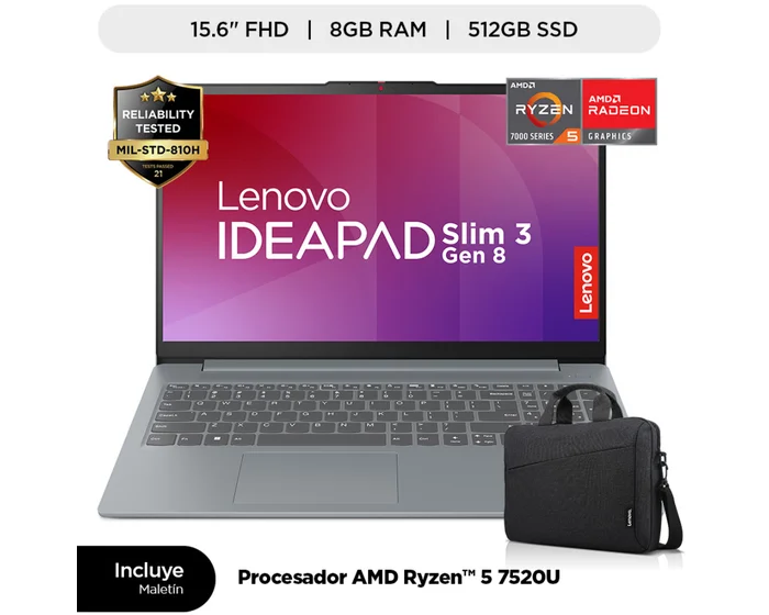 NOTEBOOK LENOVO IDEAPAD SLIM 3 15AMN8 AMD RYZEN 5 7520U, MEMORIA 8GB